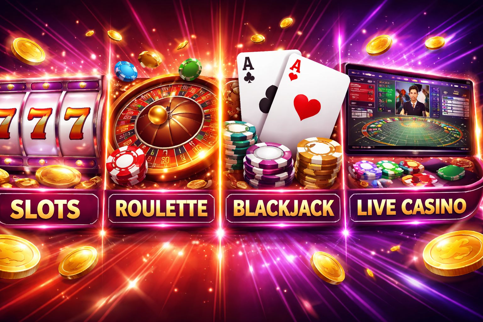 Digital casino category showcase with slots, live tables, and classic game visuals on BDGOGAME
