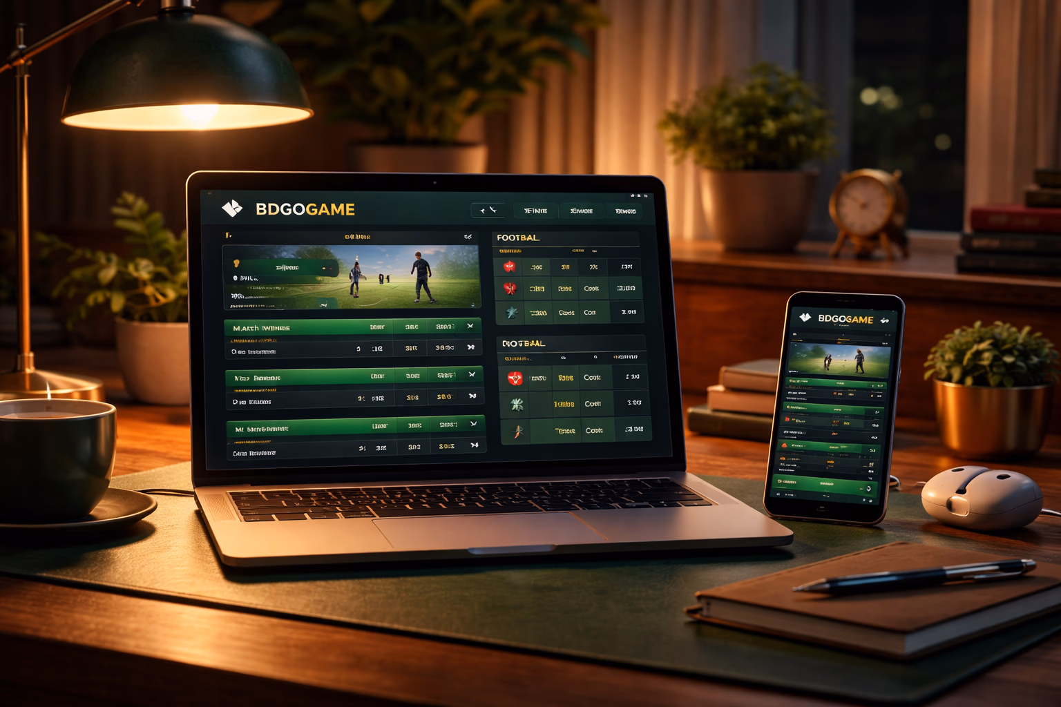 Sleek home betting scene with a laptop showing BDGOGAME cricket odds and a phone tracking live football markets