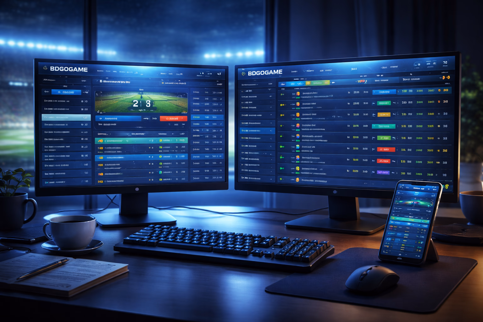 Digital sports betting workstation showing BDGOGAME live match markets on desktop and mobile during an evening session