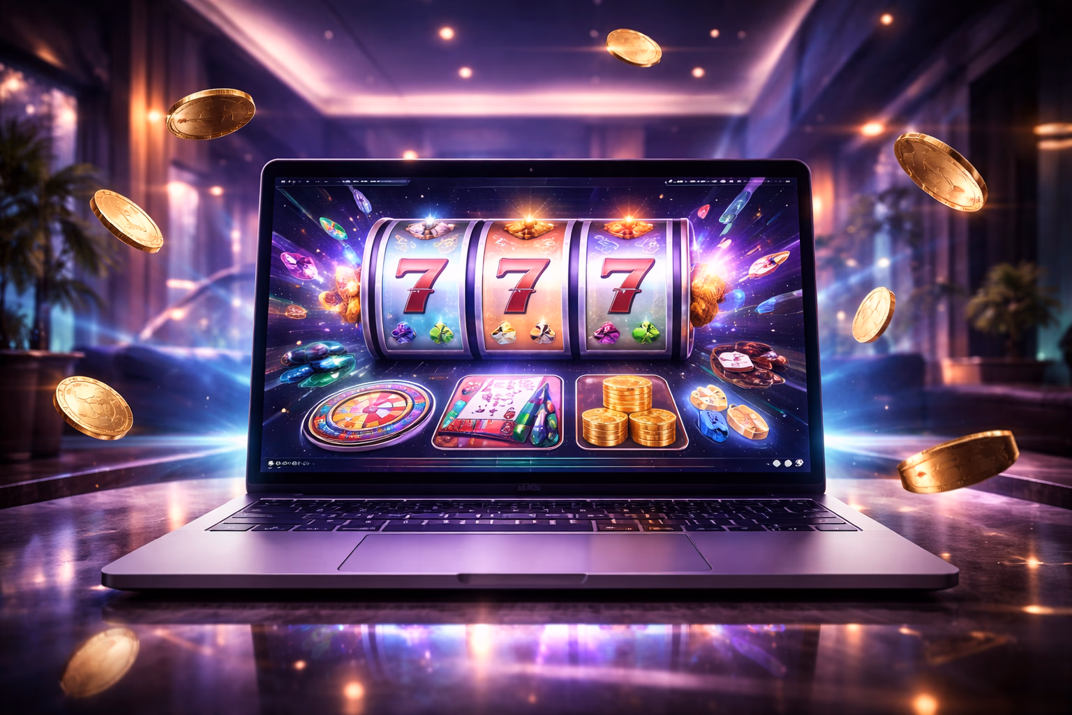 Modern laptop displaying BDGOGAME reels and table game icons with bright lights and floating coins in a sleek room