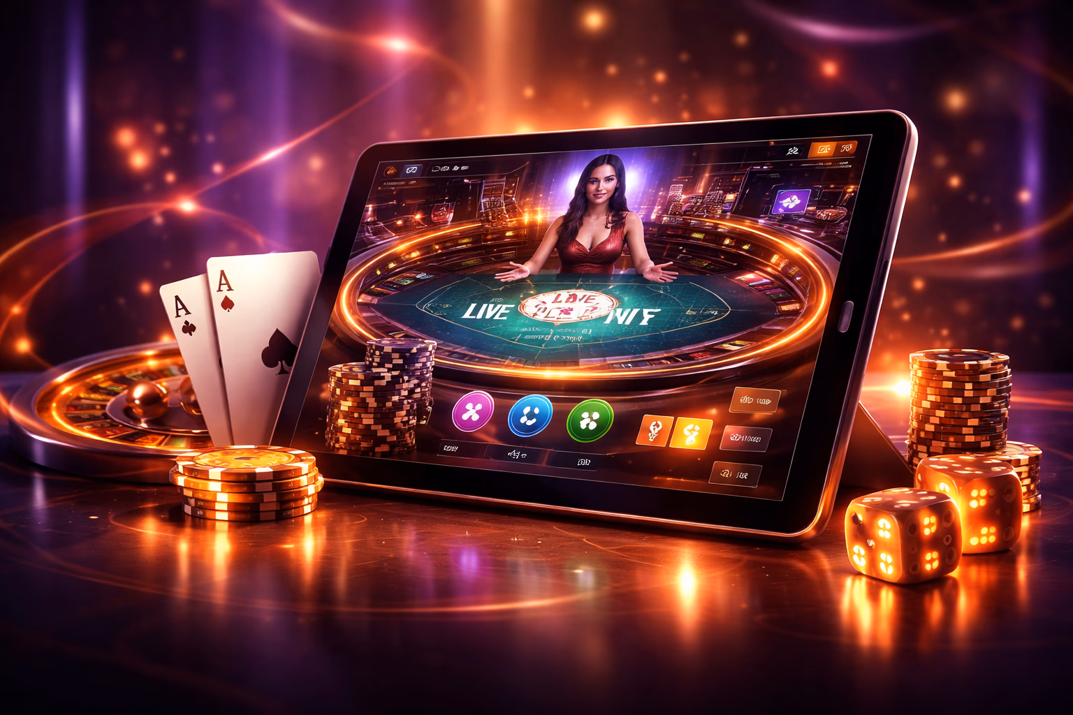 Stylish gaming scene with a tablet showing BDGOGAME casino content under neon lighting suited for Bangladesh players
