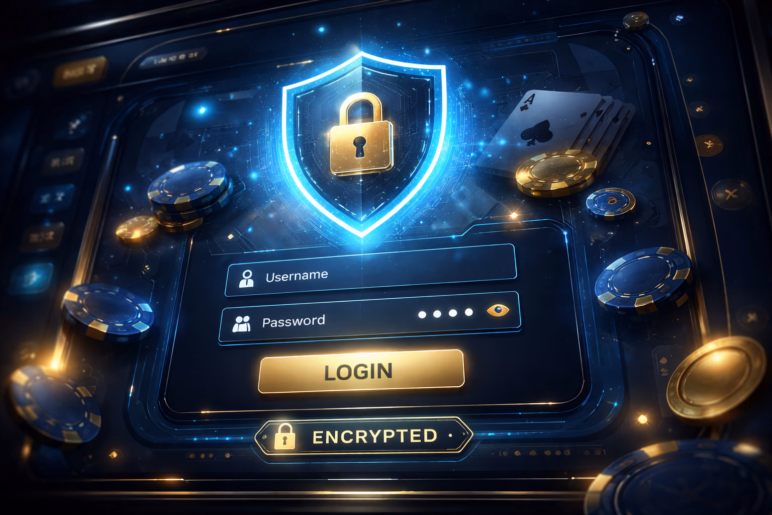 Secure digital shield beside a BDGOGAME account sign-in panel with glowing interface details and gaming elements