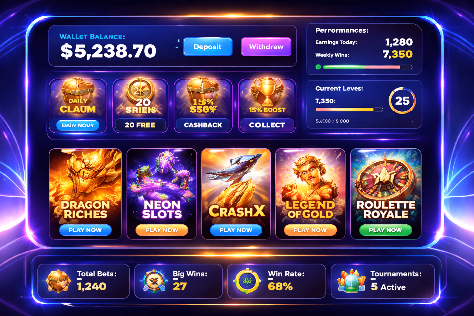 Modern BDGOGAME player dashboard with bonus icons wallet details and bright gaming controls in a premium interface