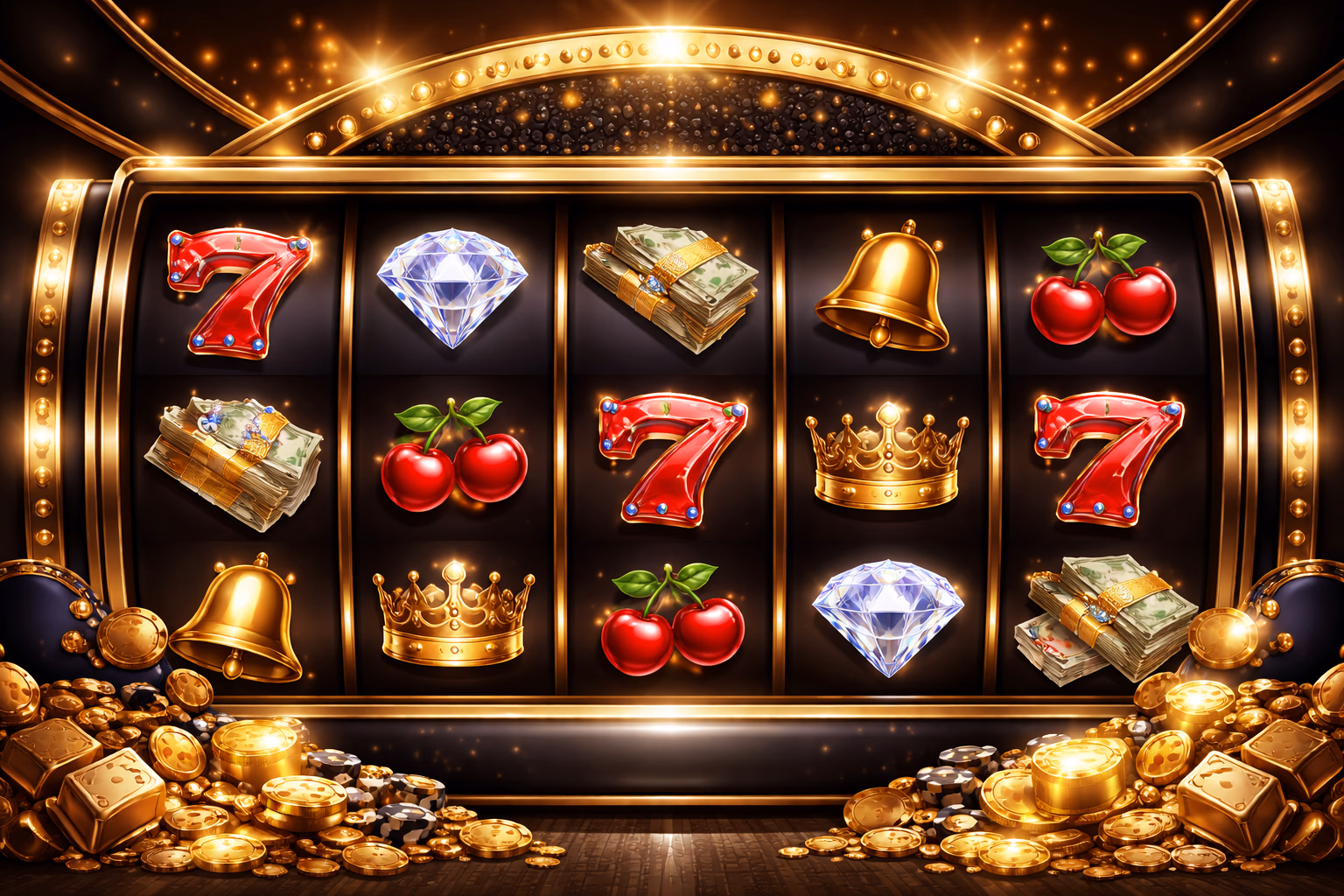 Stylized premium slot reels from BDGOGAME with gold details, bright lights, and exciting casino-inspired design